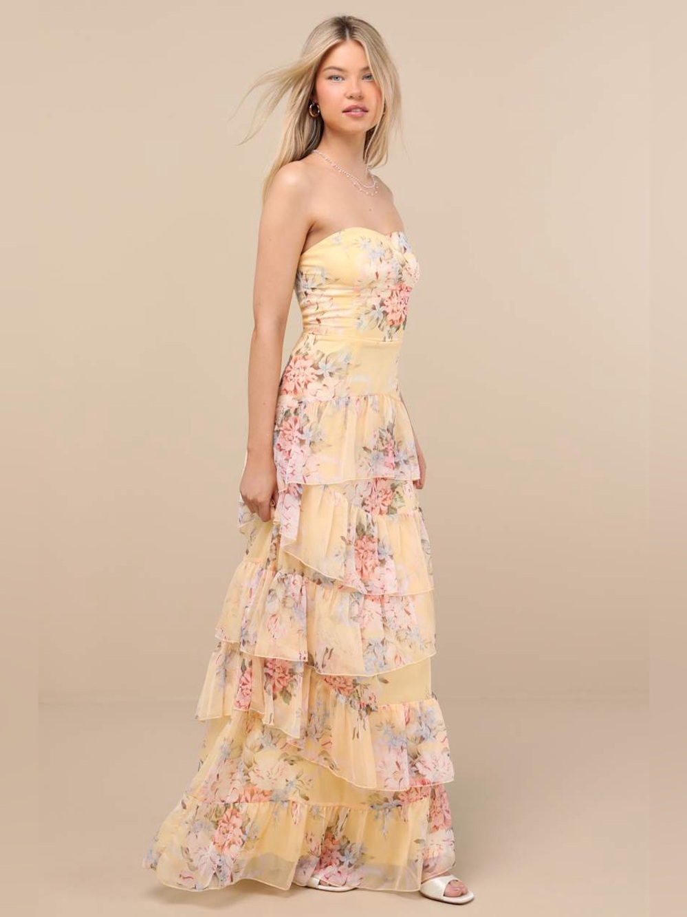 NWOT Lulus Niyati Yellow Floral Strapless Tiered Maxi Dress Size XL - Picture 3 of 8
